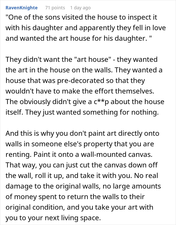 Comment discussing landlord&rsquo;s daughter and challenges of claiming art in a cool house with wall paintings.