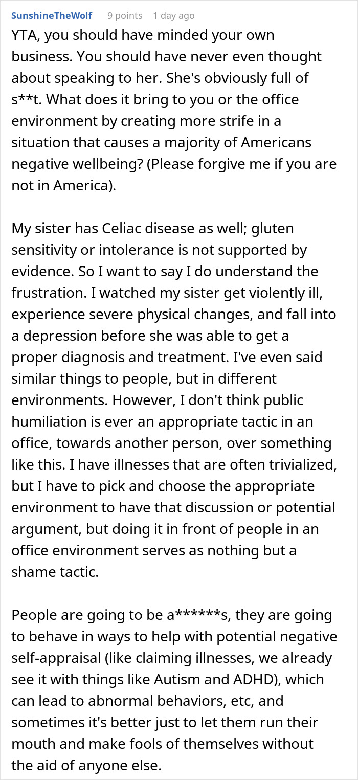 Alt text: Screenshot of a Reddit comment discussing gluten sensitivity and workplace behavior in a tense office pizza party setting. Alt text: Screenshot of a Reddit comment discussing gluten sensitivity and workplace behavior in a tense office pizza party setting.