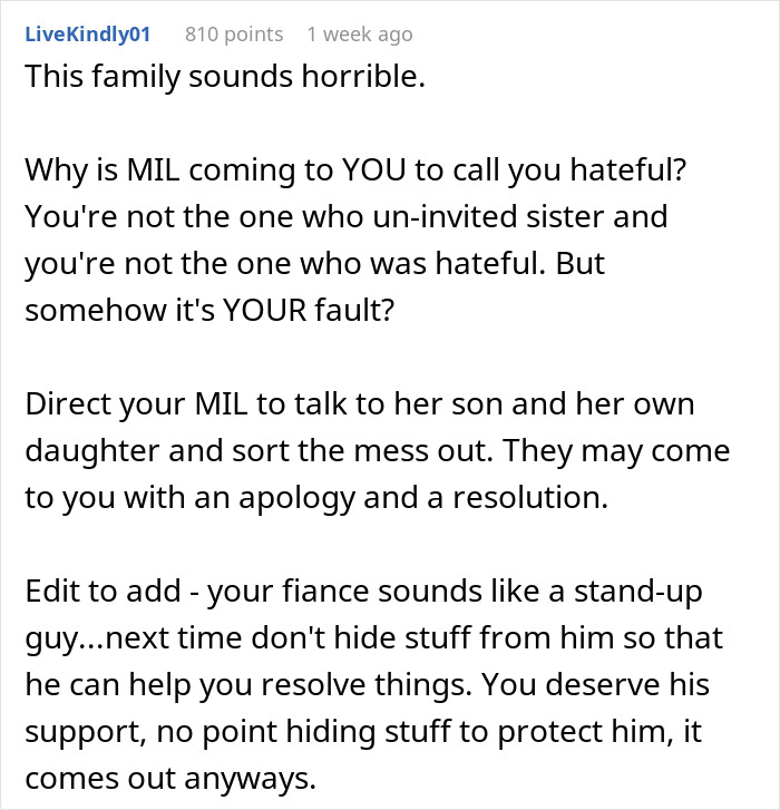 Comment discussing family conflict involving fiance sister invite wedding issues and advice on resolving misunderstandings.