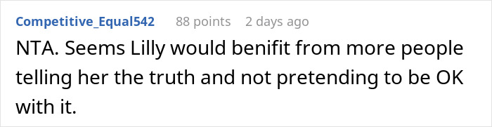 Screenshot of a forum comment discussing a woman blaming sexism for not landing a job and receiving a reality check from her sister.