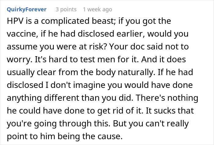Comment discussing HPV risks and challenges in relationships where one partner has cancer caused by past HPV infection.