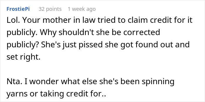 Comment discussing how a woman corrects mother-in-law who claimed she named the baby, addressing credit and honesty issues.