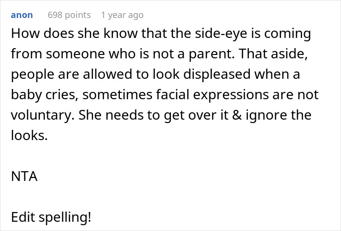 Text post from anon sharing opinions on parenting challenges and complaints about people&rsquo;s reactions to a baby crying.