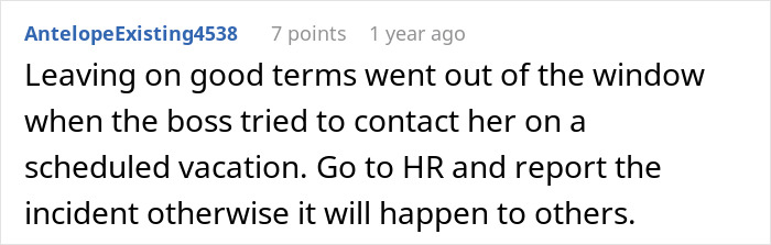 Text comment about boss reprimanding employee for missing a meet while on off day shared on an online forum.