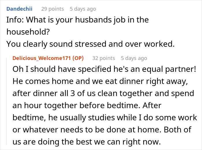 Comment exchange about working mom’s equal partnership and managing household duties showing work stress and family balance. - 18