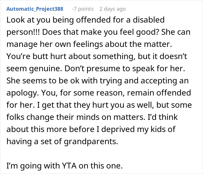 Comment discussing a man defending his wife and cutting off his parents, confused by her suggesting reconnecting.