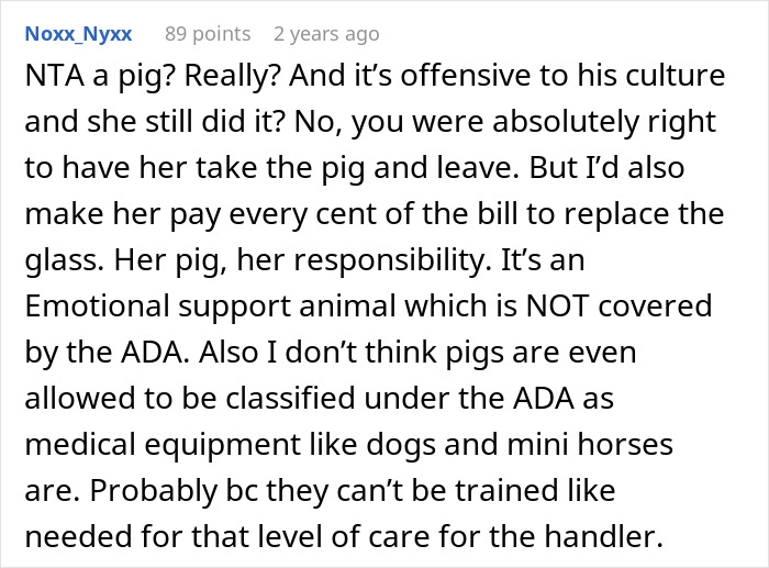 Comment discussing a pet pig causing trouble at a wedding, focusing on responsibility and emotional support animal rules.