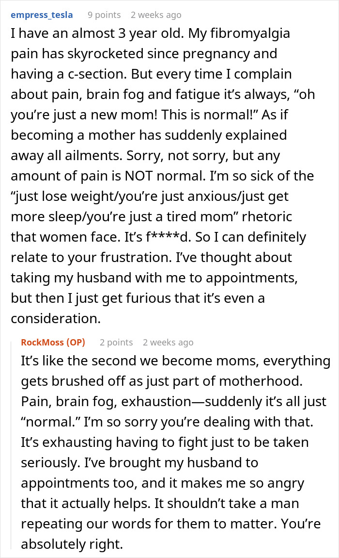 Woman&rsquo;s chronic pain dismissed by doctors until her husband confirms it, highlighting issues with medical disbelief of women&rsquo;s symptoms.