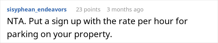 Text comment on a forum screen, user sisyphean_endeavors advising to post a sign with hourly parking rates on property.