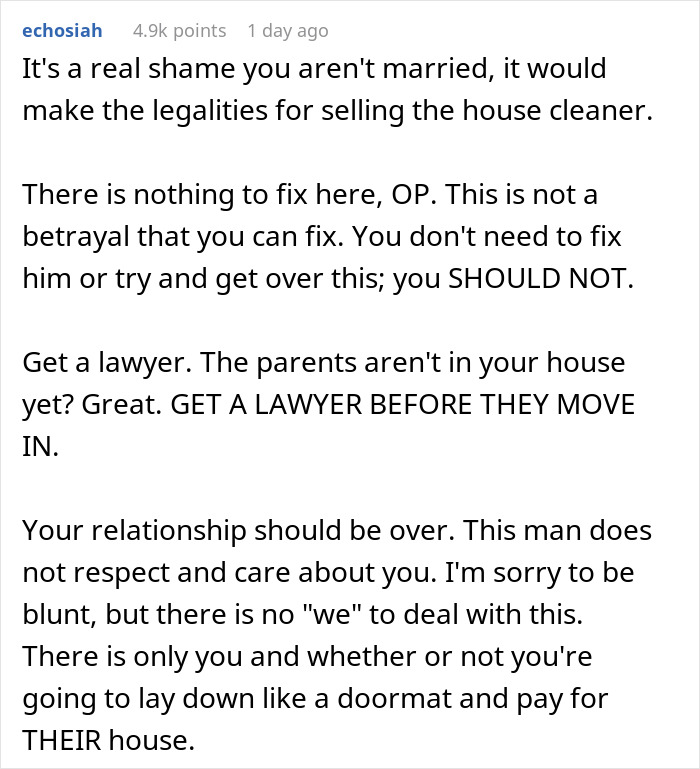 Comment advising to get a lawyer as man secretly invites his parents to stay, upsetting his girlfriend.