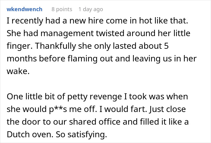 Alt text: Online forum post describing a toxic newbie causing workplace issues, conflict, and office revenge stories.