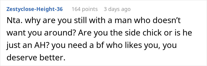 Screenshot of an online comment discussing a woman finding out her boyfriend excluded her from a couples trip without asking.