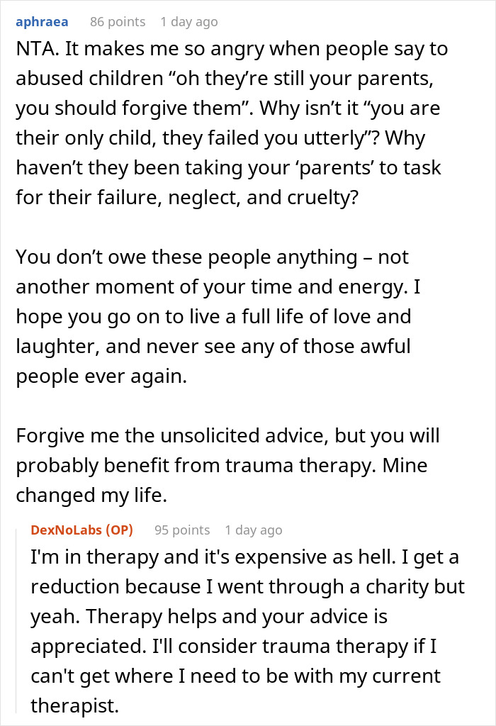Reddit user discusses parents forgetting their only child due to wanting more kids, highlighting neglect and trauma therapy benefits. - 30