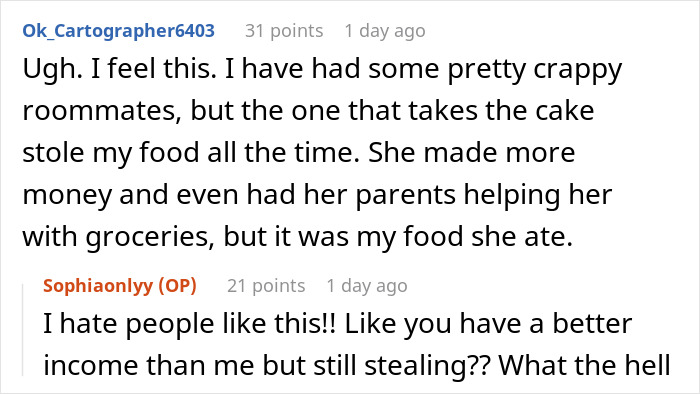 Online conversation about leftover pasta theft and a woman buying a mini fridge to protect her food from a roommate.