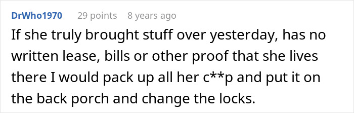 Online comment discussing a friend breaking into a house and planting belongings to prove she lives there.