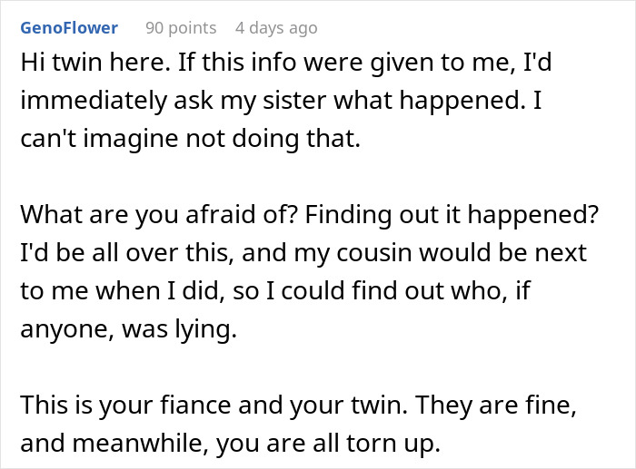 Comment from a user explaining their reaction to a bride's world crumbling after her twin sister&rsquo;s and fianc&eacute;&rsquo;s secret is revealed.