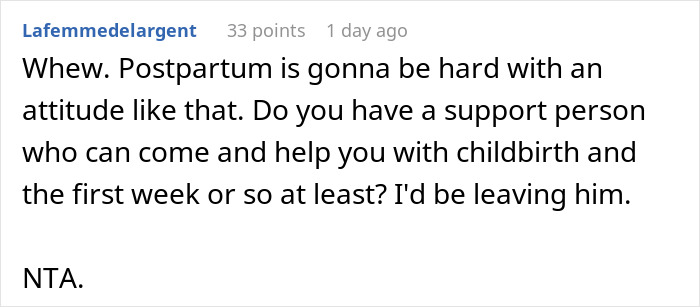 Comment discussing difficulties faced by a heavily pregnant woman stuck in a bathtub and her partner&rsquo;s unsupportive behavior.