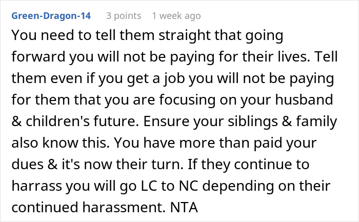 Comment advising to set boundaries with elderly parents expecting support after losing savings on bad business schemes. Comment advising to set boundaries with elderly parents expecting support after losing savings on bad business schemes.