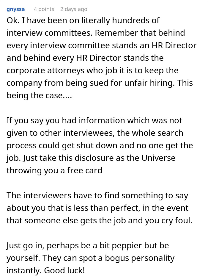 Comment about interview committees warning woman who gets an email inviting her to second interview and a video file she wasn't supposed to see.