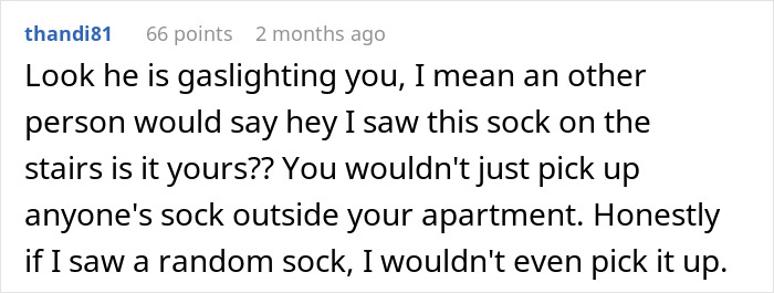 User comment about mysterious sock and boyfriend&rsquo;s reaction, discussing suspicion and gaslighting in a home setting.