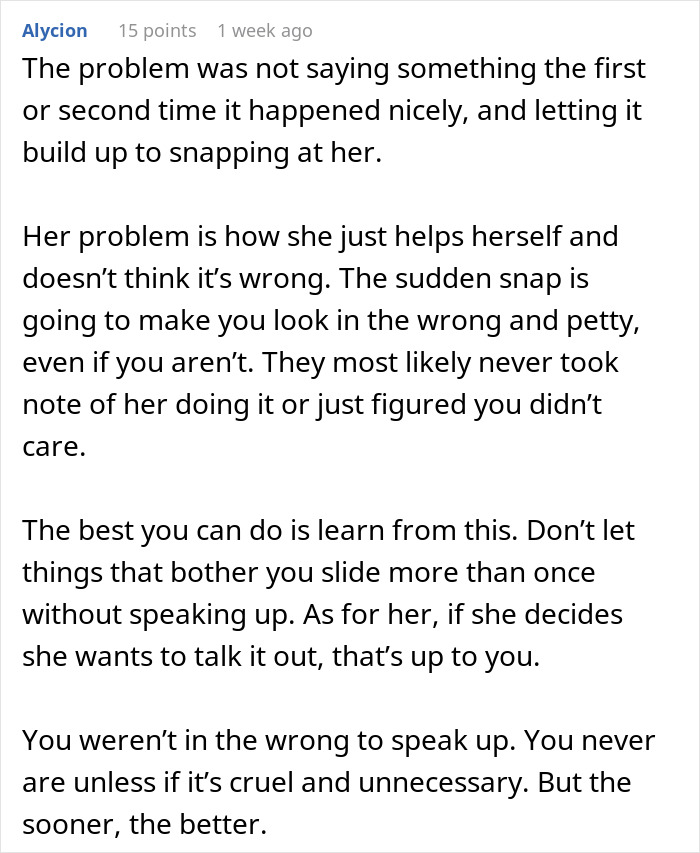 Alt text: Text discussing a woman frustrated with her coworker helping herself to food and reaching a boiling point on her birthday.