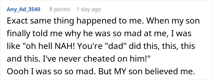 Screenshot of an online comment where a user shares how a dad lied about divorce reasons to win over his son.