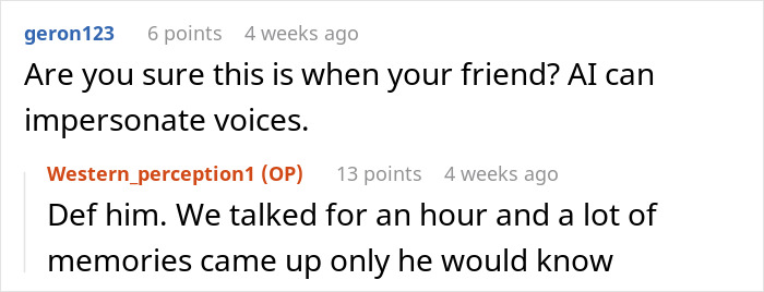 Online conversation where friends call two decades later recalling shared memories and questioning voice authenticity. Online conversation where friends call two decades later recalling shared memories and questioning voice authenticity.