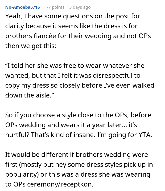 Comment discussing woman confronting brother&rsquo;s fianc&eacute;e for copying her wedding dress before the wedding day.