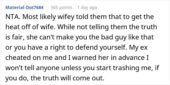 Comment discussing spouse defending herself and revealing truth behind rumors about divorce and weight concerns.