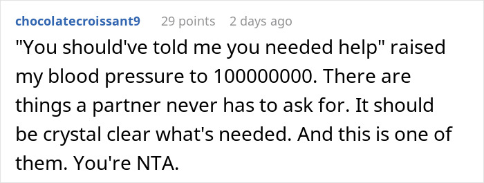 Comment text on a social platform discussing frustration and needing help, relating to exhausted mom and dad getaway situation. Comment text on a social platform discussing frustration and needing help, relating to exhausted mom and dad getaway situation.