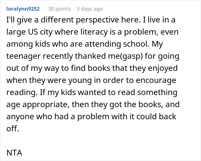 Comment discussing family conflict over giving kids Harry Potter books and defending reading choice despite bigoted backlash.