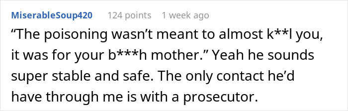 Screenshot of a Reddit comment discussing a man getting sick after eating food his dad touched, questioning intent.