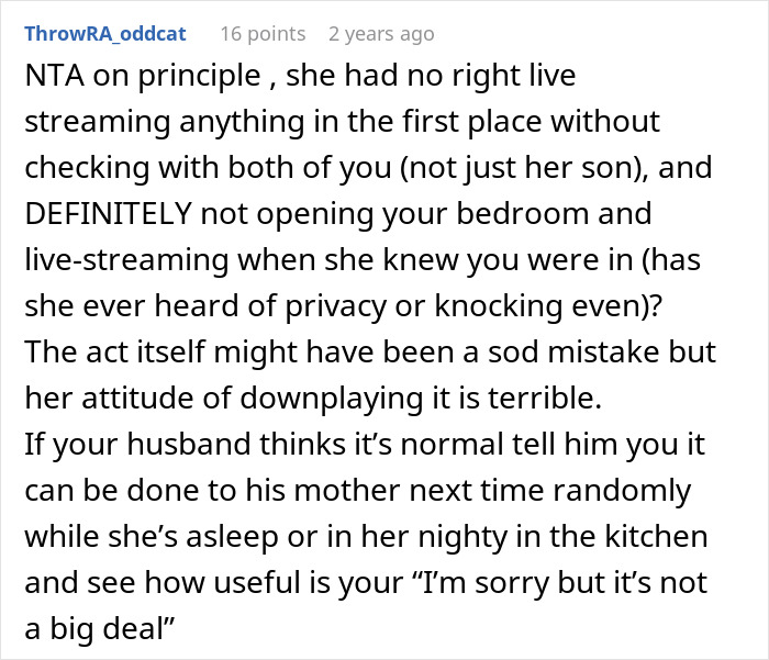 Reddit comment discussing privacy violation after MIL live streamed sleeping, related to not moving on from the incident. Reddit comment discussing privacy violation after MIL live streamed sleeping, related to not moving on from the incident.