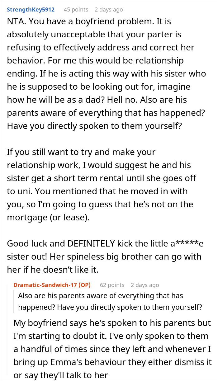 Screenshot of a Reddit conversation discussing a woman dealing with a temporary houseguest causing problems and payment issues. Screenshot of a Reddit conversation discussing a woman dealing with a temporary houseguest causing problems and payment issues.