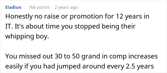 Screenshot of a forum comment discussing lack of raise or promotion after 12 years in IT before giving two weeks notice.