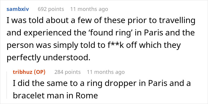 Comments discussing common tourist traps including the found ring scam in Paris and ring and bracelet dropper tricks in Rome.