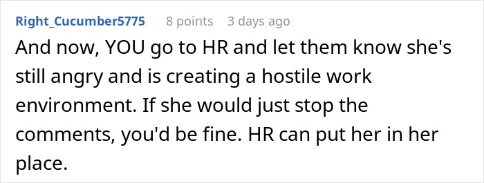 Online comment about reporting a coworker to HR over not inviting them to a wedding, workplace conflict.
