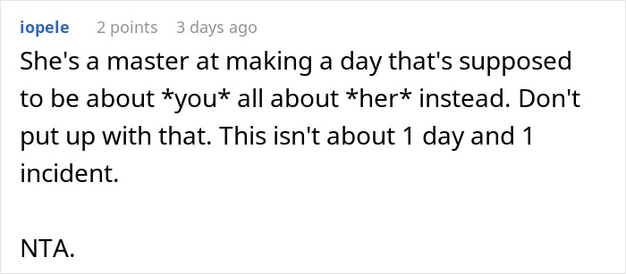 Comment expressing doubts about a relationship after a man expects special treatment from girlfriend on his birthday.