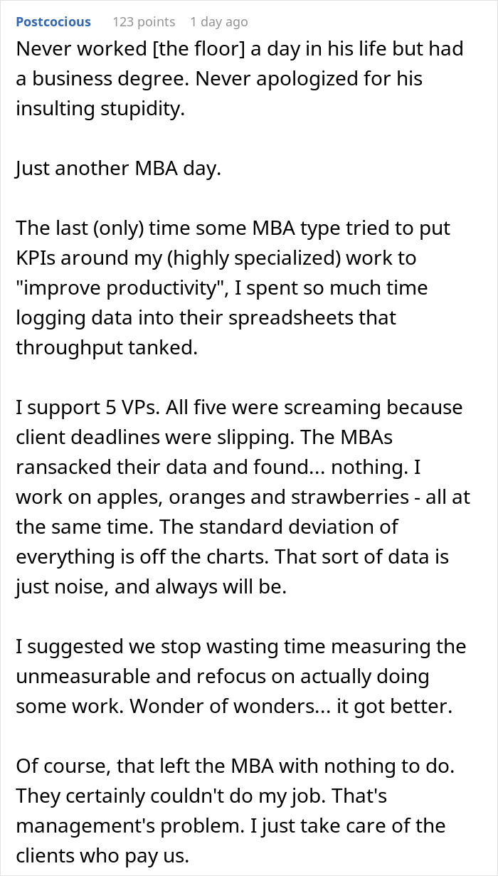 Text excerpt showing a manager struggling with productivity KPIs while a woman handles specialized work and school the manager.