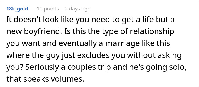 Screenshot of an online comment discussing a woman finding out her boyfriend excluded her from a couples trip without asking.