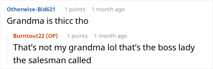 Comment thread showing a user and original poster discussing a mistaken identity involving villainous vacuum cleaner salespeople.