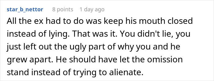 Comment highlighting a dad lying about the reason for divorce to win over his son, with the ex-wife revealing the truth later.