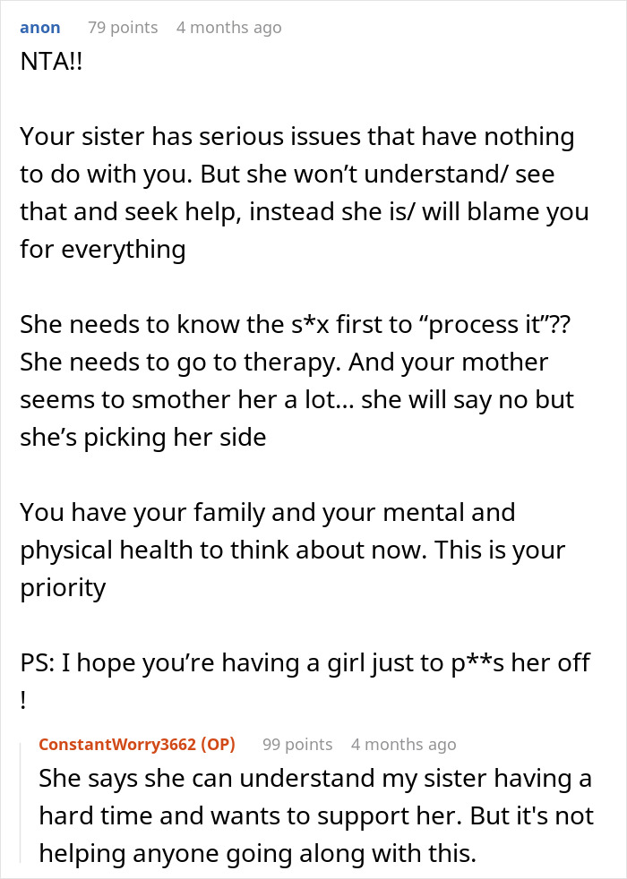 Reddit comment discussing a mom of 6 boys obsessed with if her sister is expecting a girl, involving family conflicts. - 14