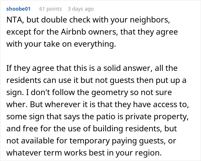 Comment discussing neighbor refusing tourists patio access and Airbnb host calling it discrimination in a residential setting.