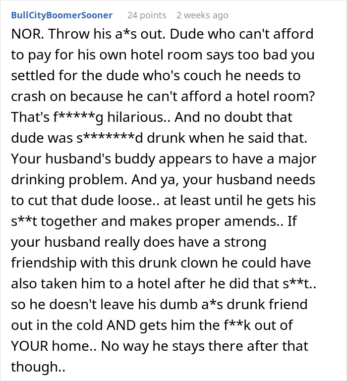 Reddit comment discussing a husband, wife, and friend&rsquo;s compliment turning uncomfortable with disagreement over hotel stay.