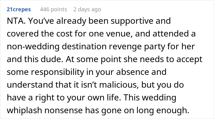 Screenshot of an online comment discussing a man covering wedding costs and skipping the real wedding to hang out with friends.