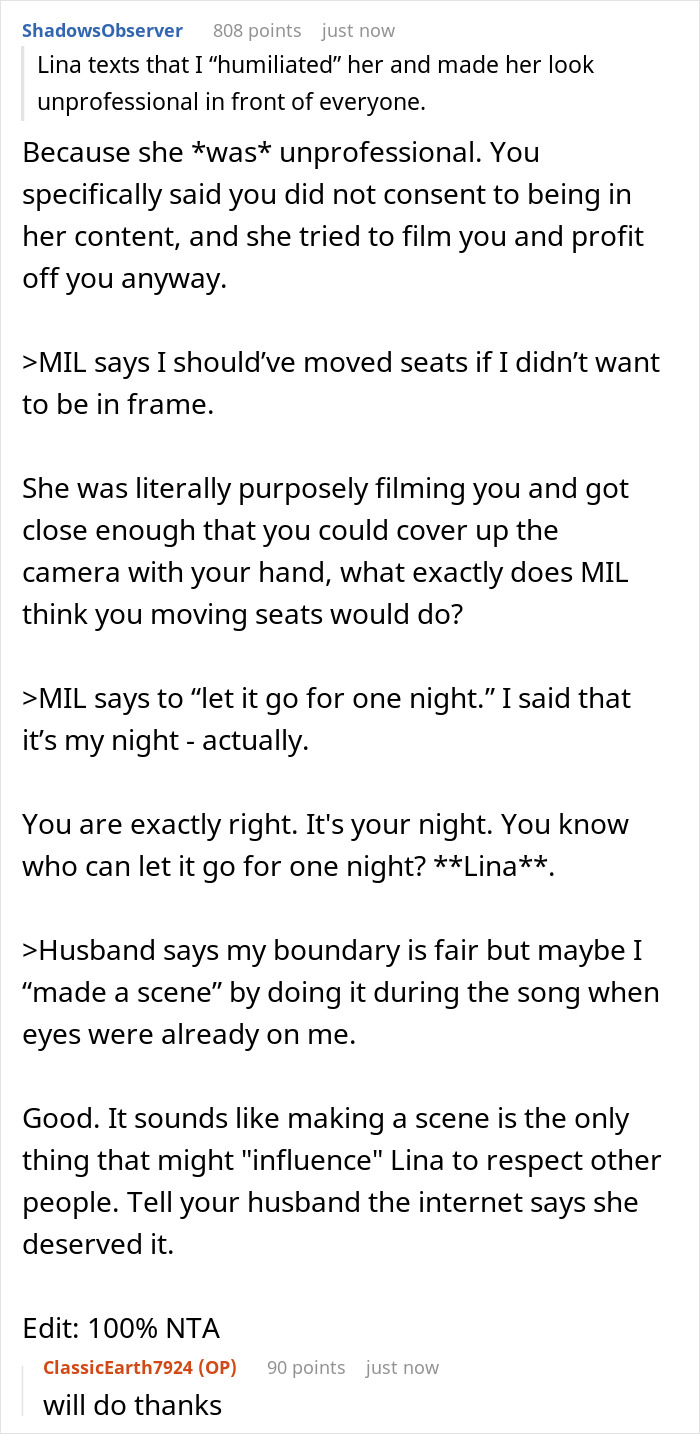 Reddit user explains incident where self-proclaimed influencer films SIL at birthday dinner and reacts when blocked.