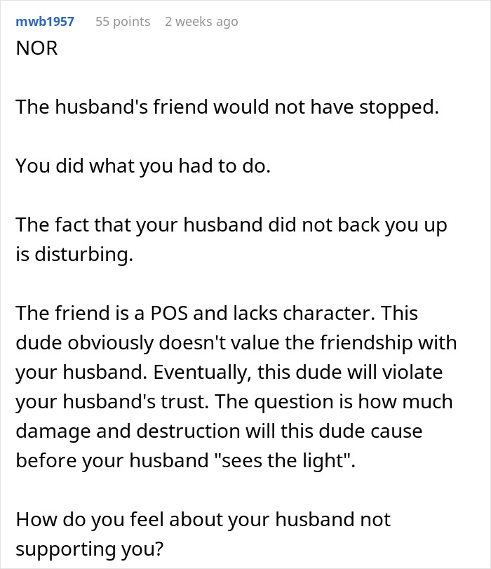 Comment discussing a friend&rsquo;s compliment causing tension as wife insists on hotel while husband disagrees and lacks support.
