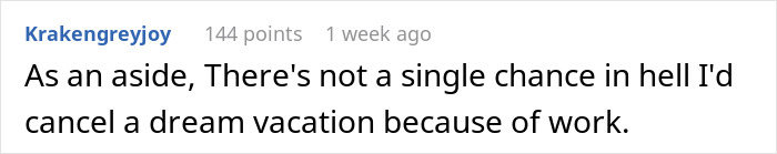 Text comment on social media expressing refusal to cancel a dream vacation due to work commitments.