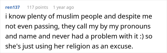 Screenshot of a forum comment discussing coworker misgenders and mentions Muslim religion as an excuse.